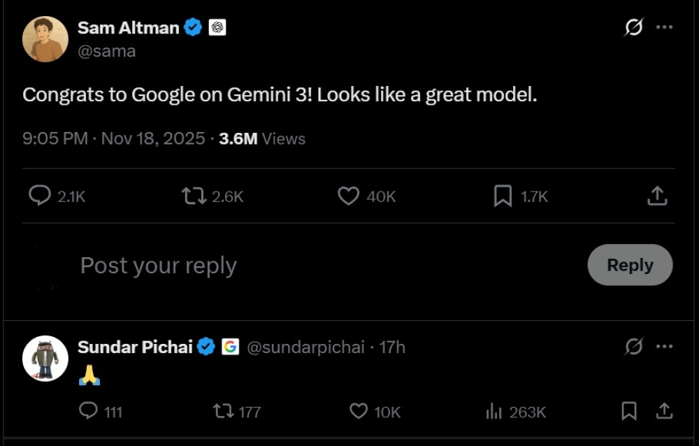 Sem Altman congratulates rival Google on launching new model