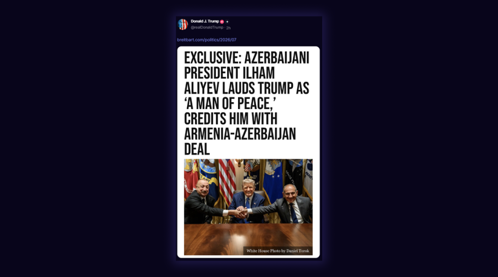 Tramp Prezident İlham Əliyevin Şuşa Forumunda çıxışı əsasında hazırlanmış materialı paylaşıb